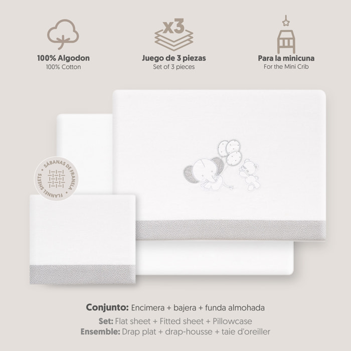 Triptico Minicuna Franela Oso Elefante Globos Bco/Gris