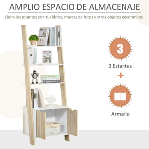 HOMCOM Estantería en Forma de Escalera de Madera con 3 Estantes y 1 Armario de Almacenaje Librería de Estilo Nórdico Moderno 60x40x171 cm Roble y Blanco