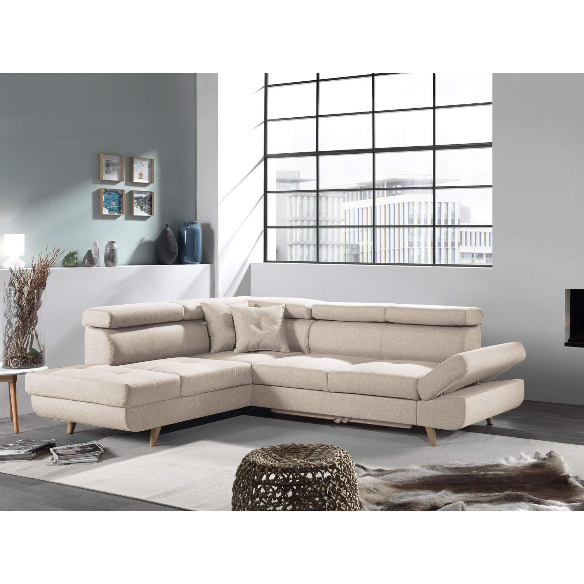 Linea - Canapé d'angle gauche convertible - 5 places - avec têtières - Beige