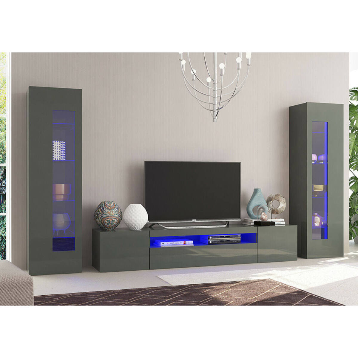 Parete attrezzata da soggiorno modulare, Made in Italy, Base porta TV e pensili, Set salotto moderno, cm 300x40h162, colore Antracite lucido