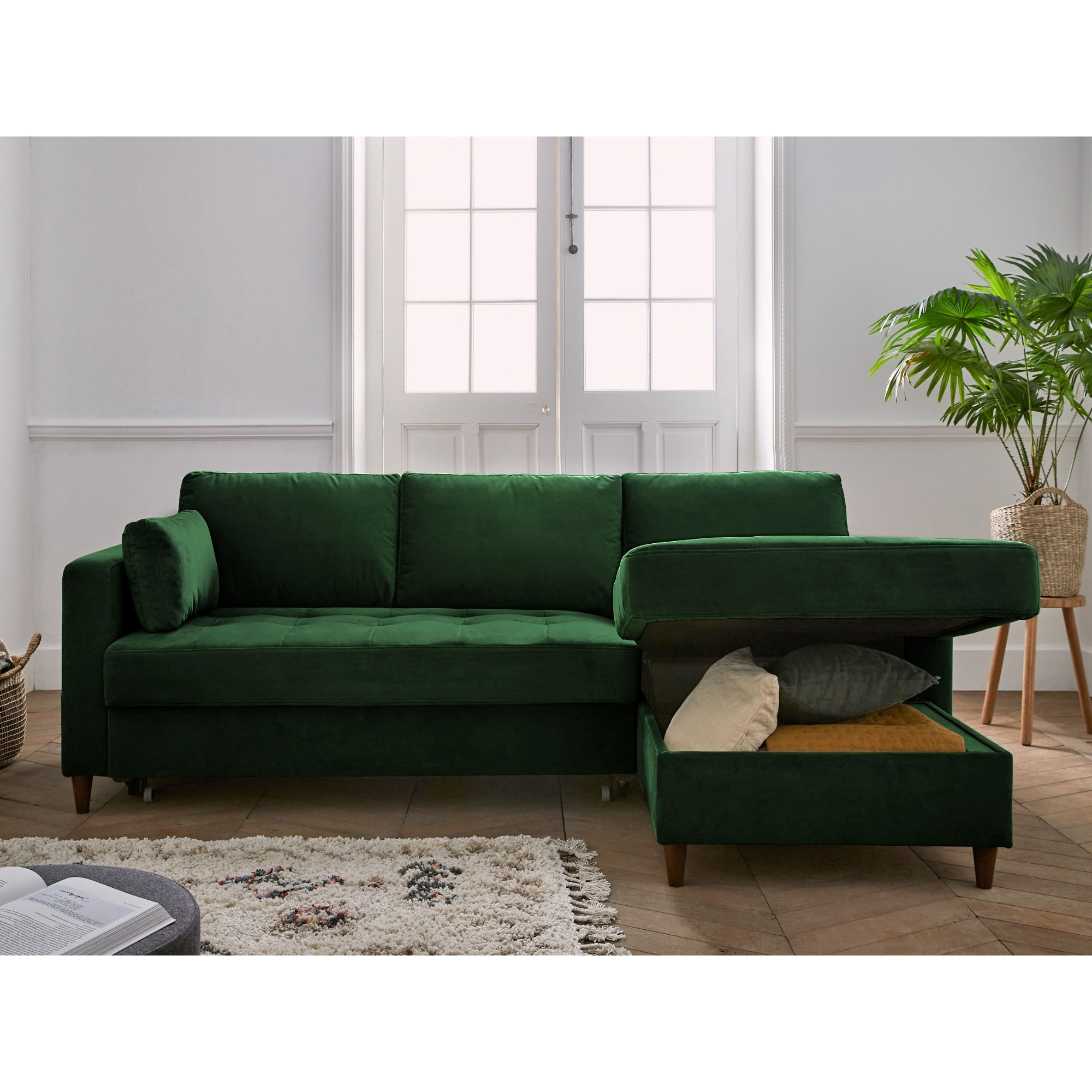 Anna - canapé d'angle droit - 4 places - convertible avec coffre - en velours - Vert