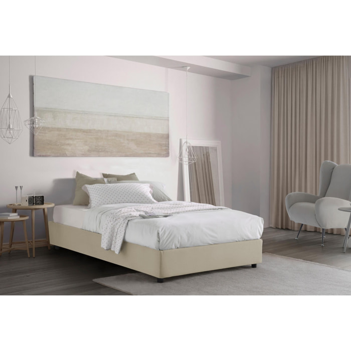 Letto piazza e mezza Gaia, Letto contenitore con rivestimento in tessuto, 100% Made in Italy, Apertura laterale, con materasso Cm 120x190 incluso, Beige