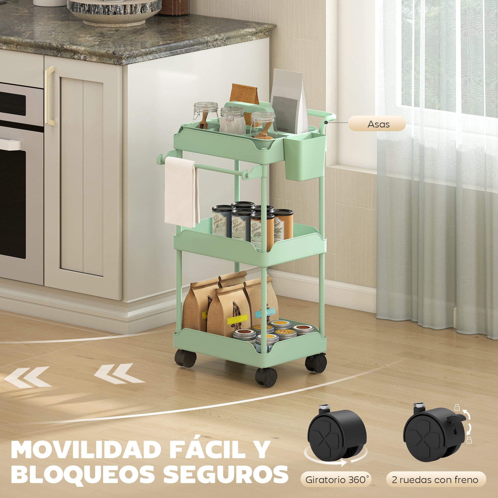 Carrito Auxiliar con Ruedas de 3 Niveles, Carrito de Cocina con Cestas Extraíbles, Ruedas con Freno, Soporte para Toallas y Marco de Metal, Carro de Servicio para Comedor, Salón, Baño, Verde