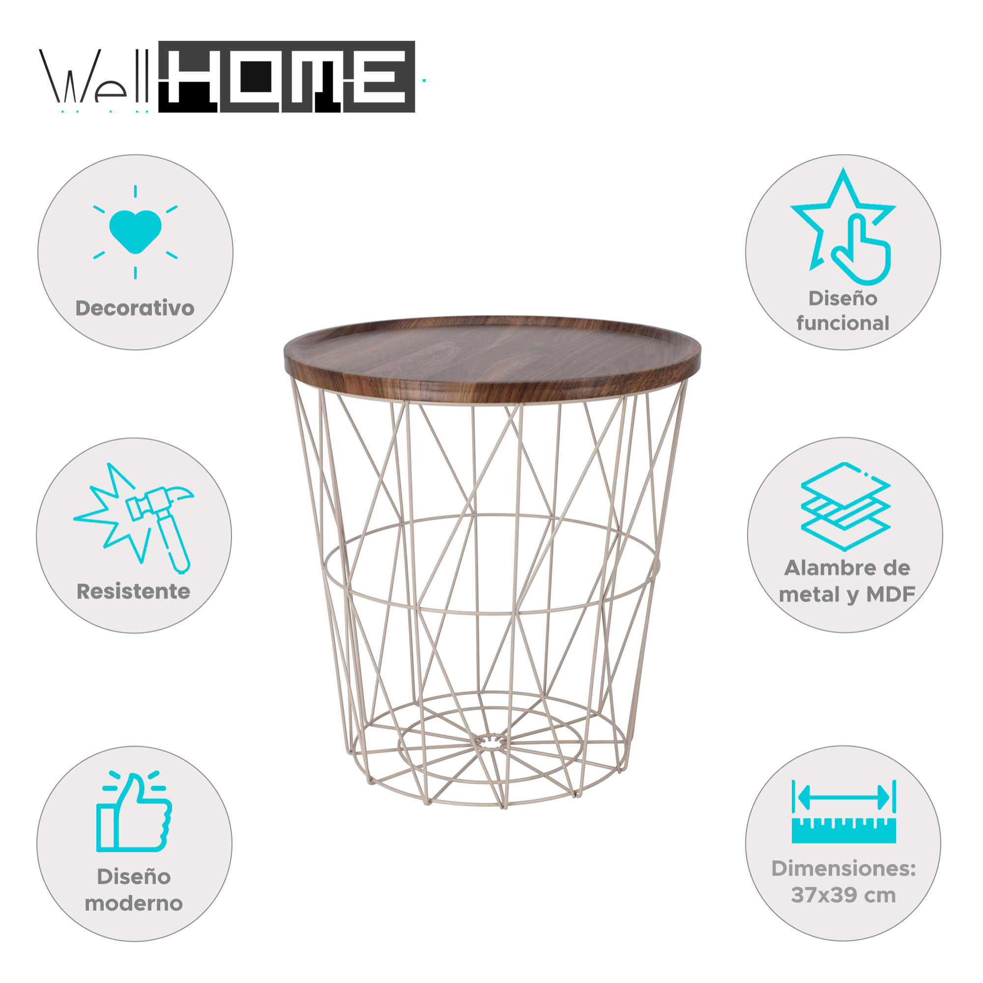 Well home mesa auxiliar de metal con bandeja de mdf color marrón ø37x39cm