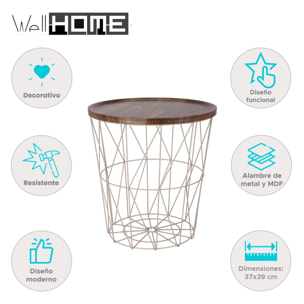 Well home mesa auxiliar de metal con bandeja de mdf color marrón ø37x39cm