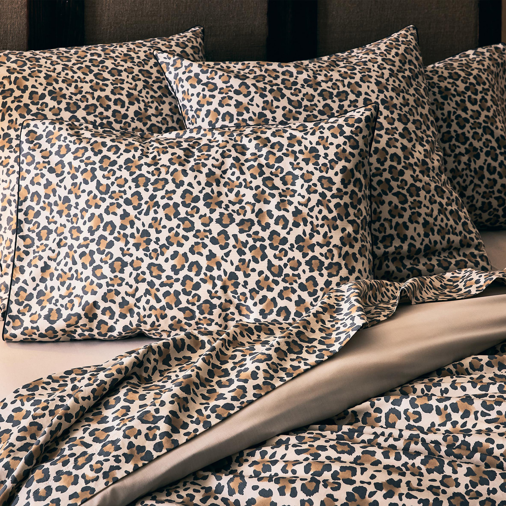 Parure de lit 3 pièces percale de coton léopard housse + taies - Beige