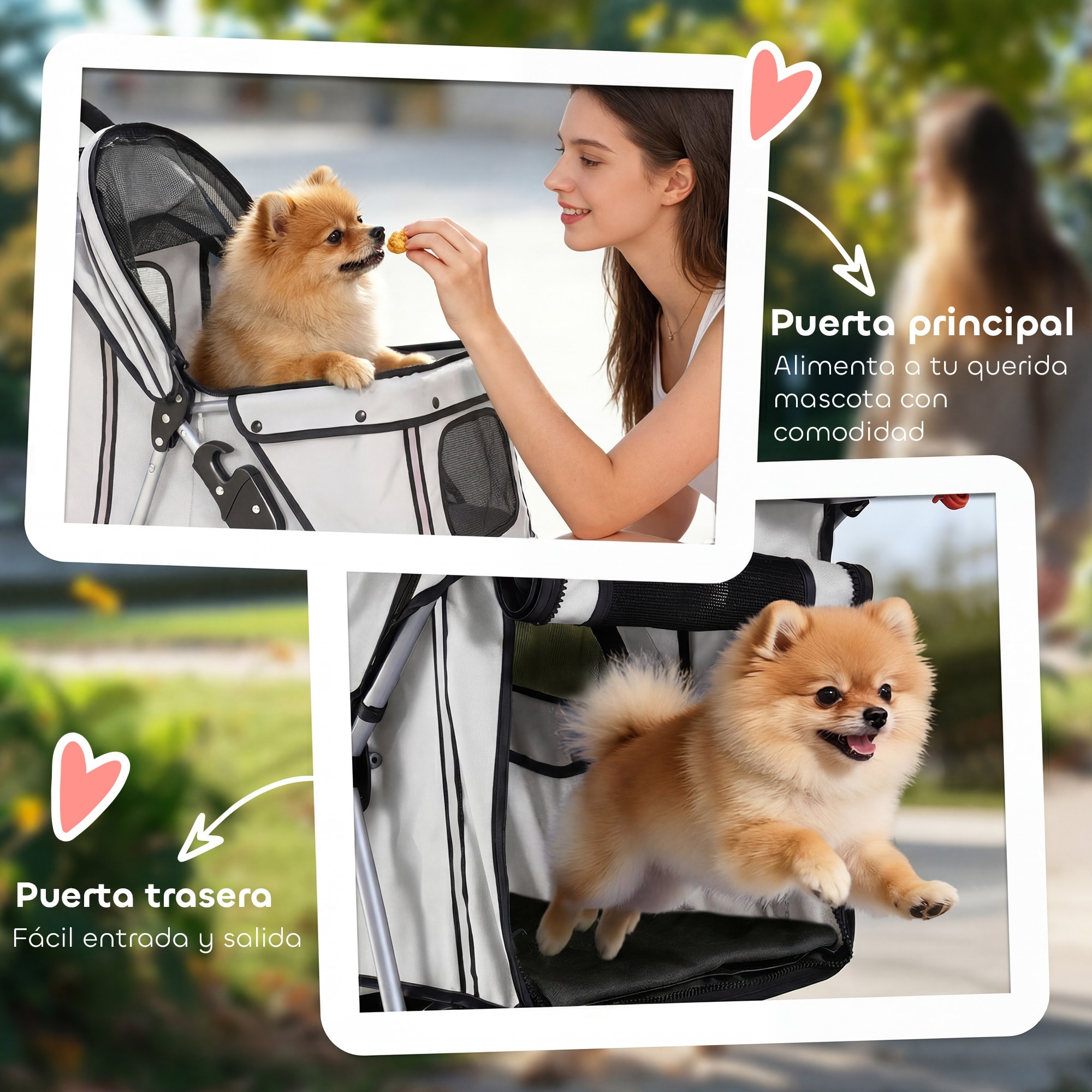 Carrito para Perros Plegable, hasta 10 kg, Cochecito para Perros Pequeños de 3 Ruedas con Capota Ajustable, Cesta, Ventanas de Malla, Portavasos, Ruedas de EVA y Frenos, para Gatos, Gris Claro