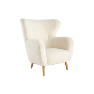 Fauteuil scandinave en tissu effet peau de mouton blanc et bois clair KORO