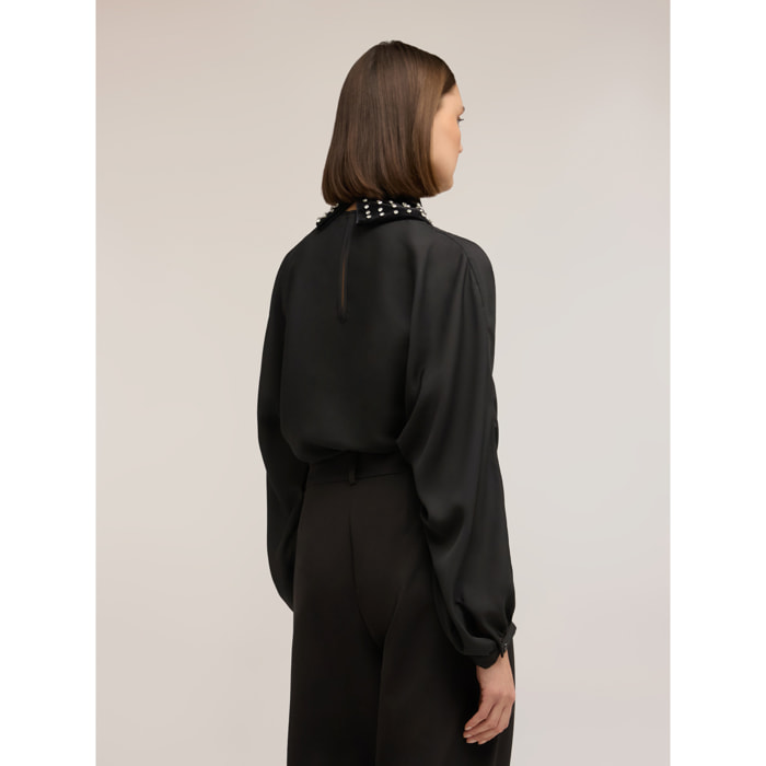 Motivi - Blusa de georgette con cuello bordado - Negro
