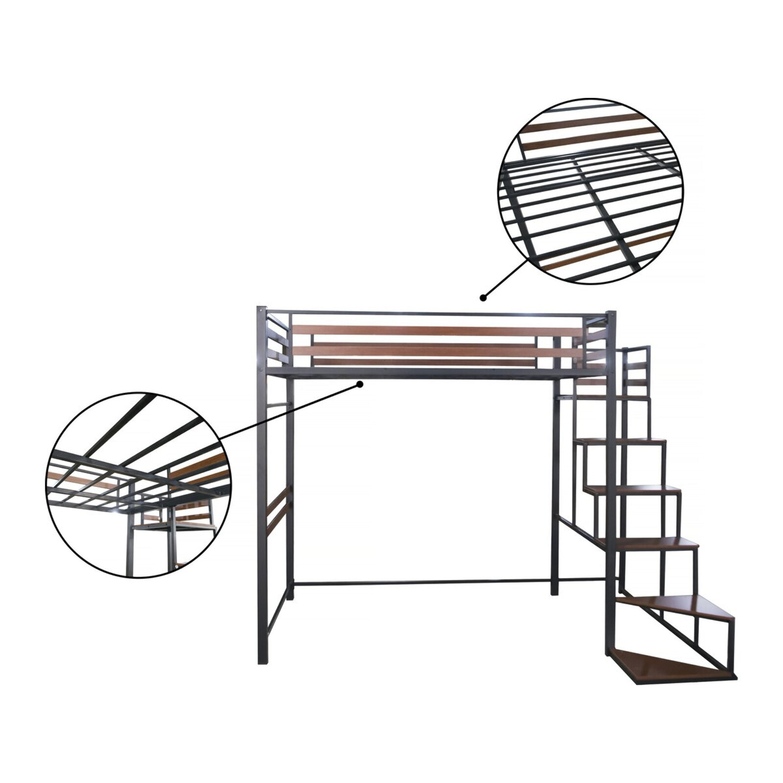 Lit mezzanine en métal avec escalier "LENA" - 140 x 190 cm - Noir et marron noyer