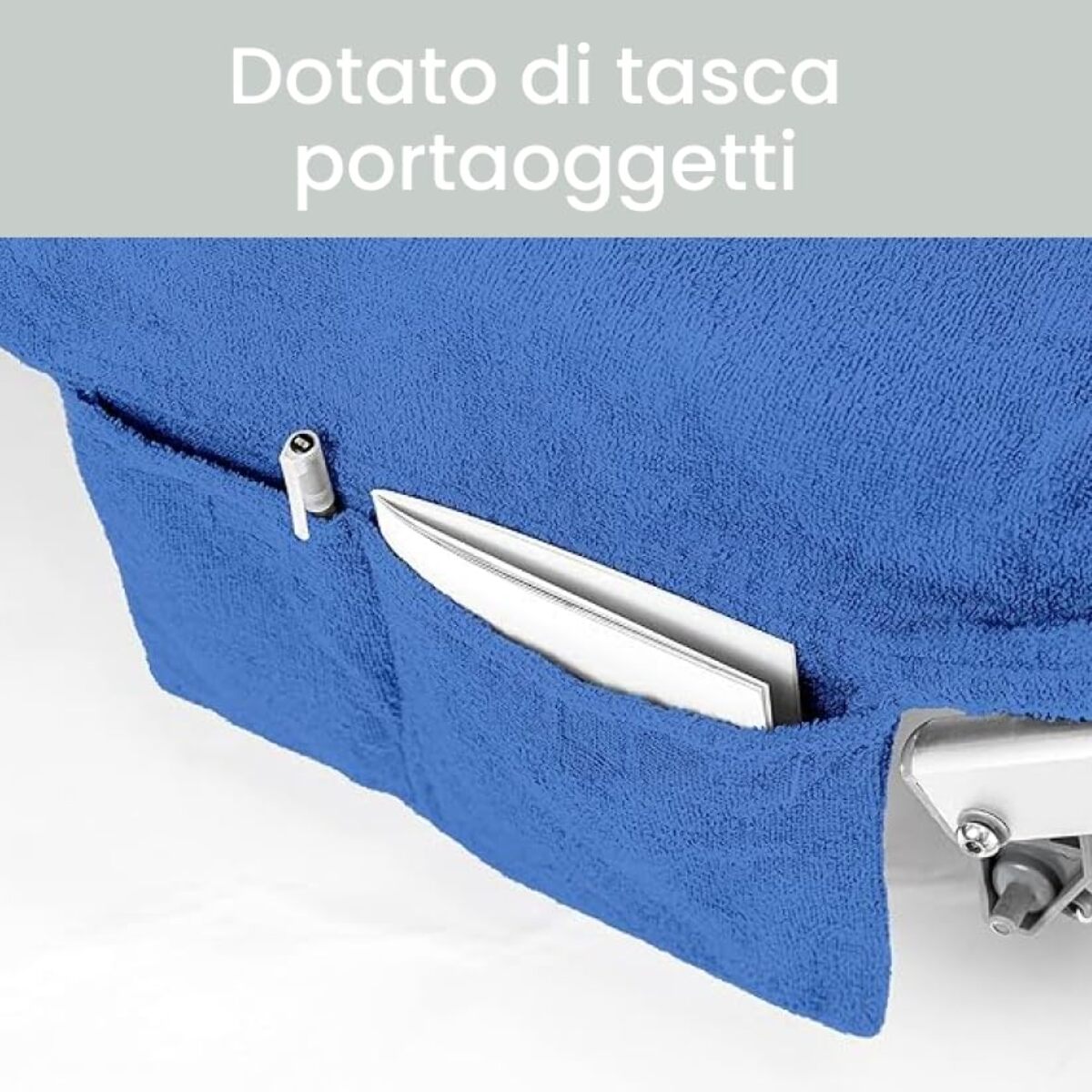 INTRECCI Telo Mare in Spugna, Asciugamano da Spiaggia Grande, 75x190 cm, Telo Mare Lettino con Tasche Portaoggetti e Bottoni, 100% Cotone, Morbido, Assorbente, Asciuga Rapidamente, Colore: Blu