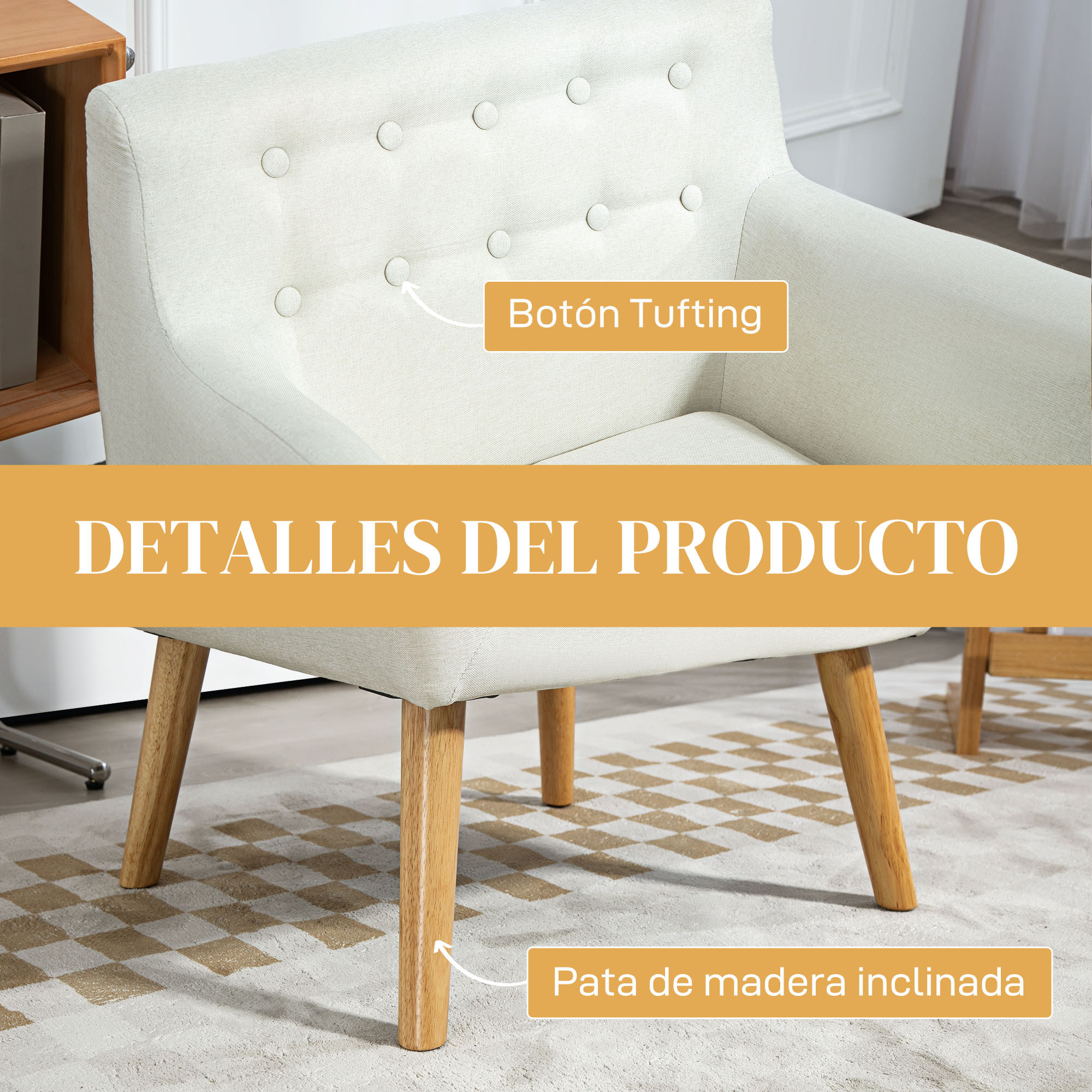 Sillón de Salón Moderno Butaca para Dormitorio con Reposabrazos y Patas de Madera Sofá Individual Carga 125 kg para Oficina Sala de Estar Crema