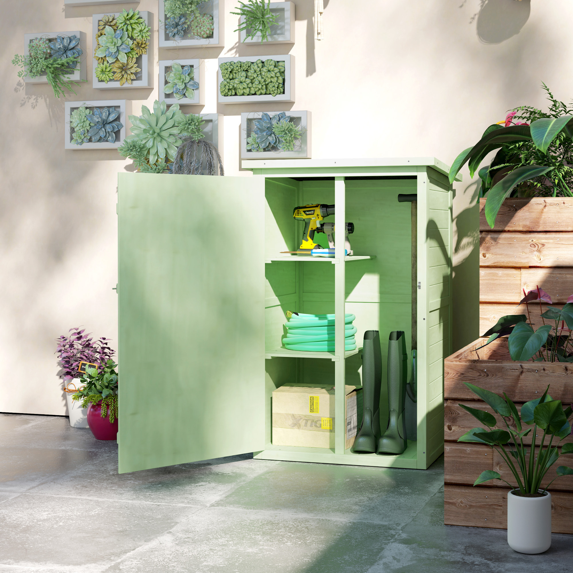 Caseta de Jardín de Madera 75x56x115 cm Armario Cobertizo de Exterior para Herramientas con 3 Estantes Interiores Puerta con Pestillo y Techo Asfáltico Verde