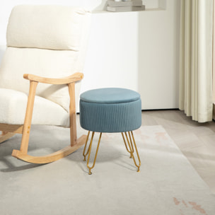 Pouf coffre style Art déco - piètement épingle acier doré assise velours bleu clair