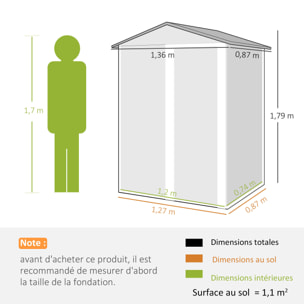 Abri de jardin 1,18 m² porte coulissante verrouillable tôle acier ondulée gris
