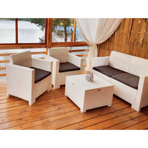 Set salotto da esterno Venere, Set da giardino con cuscini, Salottino indoor e outdoor effetto rattan, 100% Made in Italy, Bianco