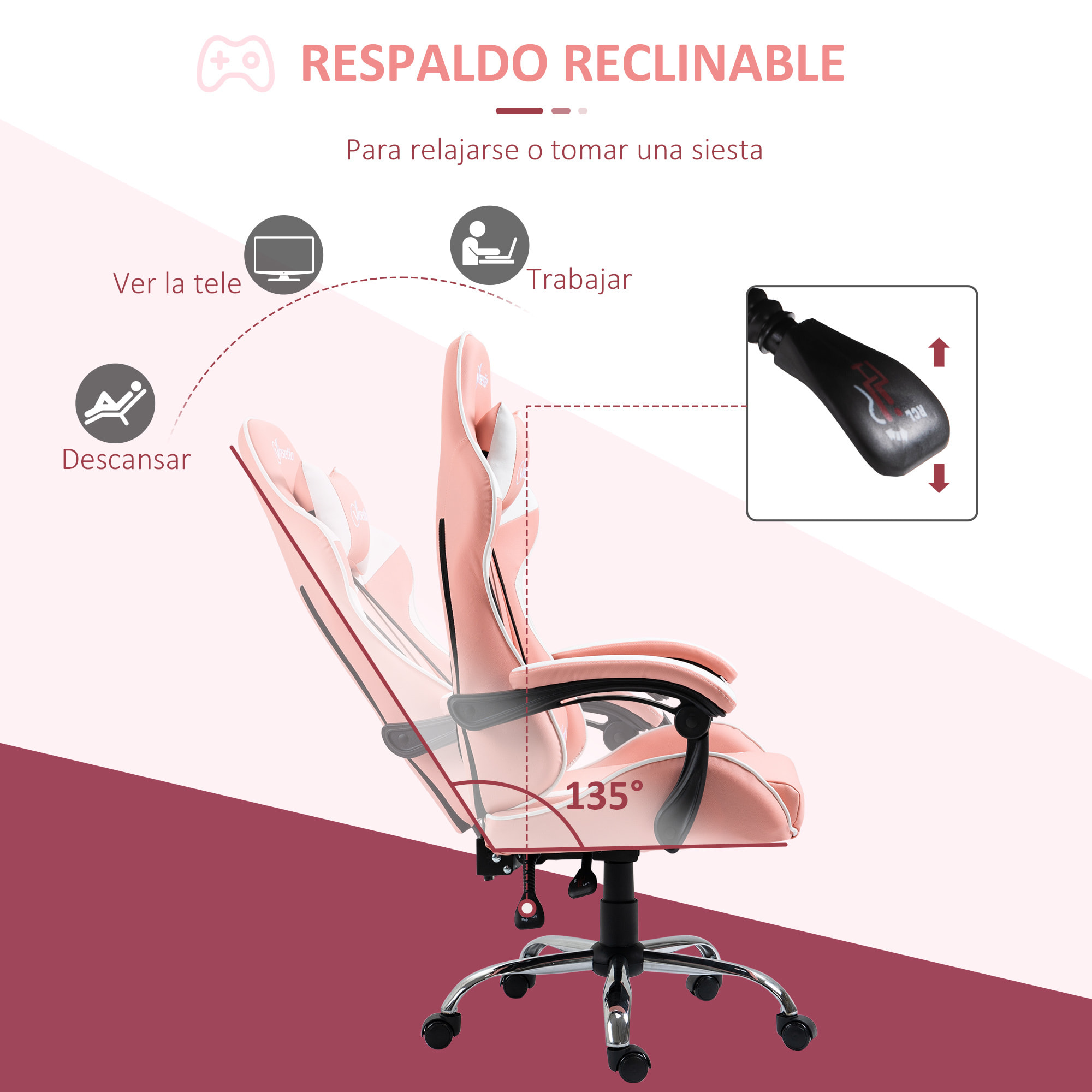 Silla Gaming Ergonómica con Altura Ajustable Reclinable 63x67x122-130 cm Rosa
