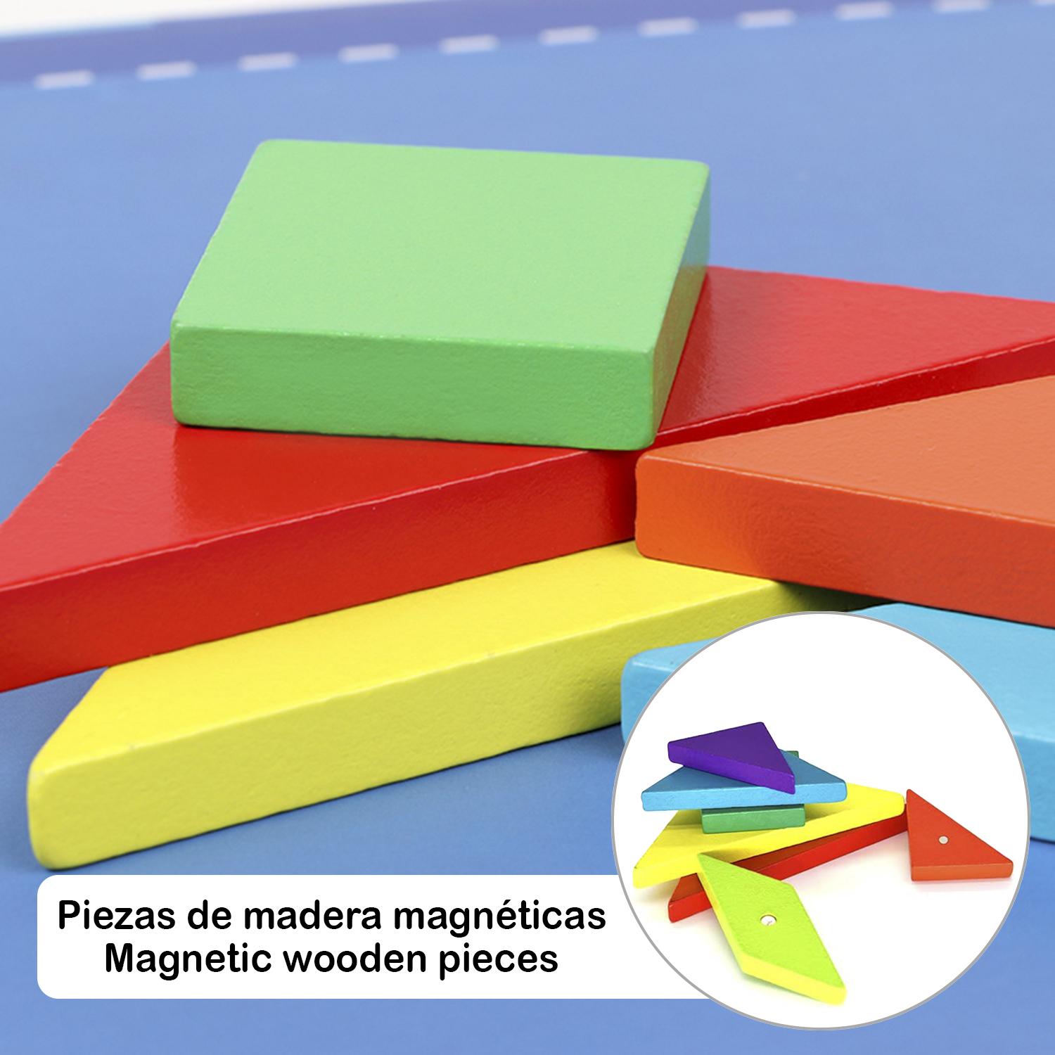 Libro con Tangram de madera magnético. Incluye 96 desafíos y sus soluciones.