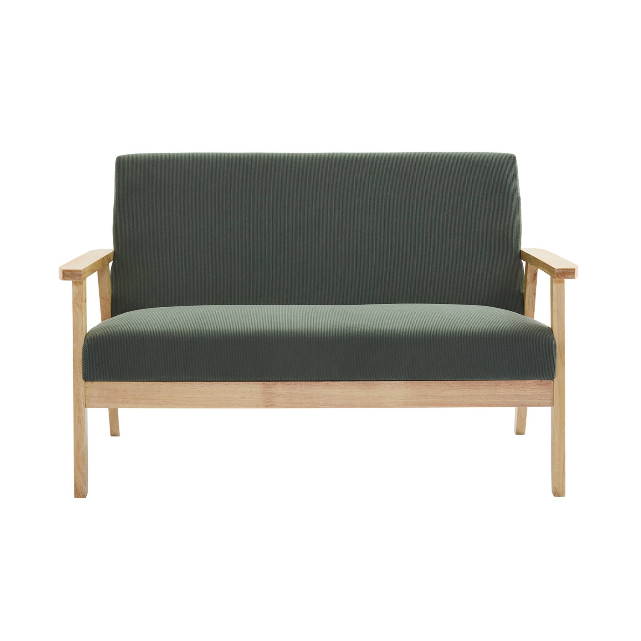Banquette canapé 2 places en bois et tissu velours côtelé coloris vert kaki. Isak. L 114 x P 69.5 x H 73cm