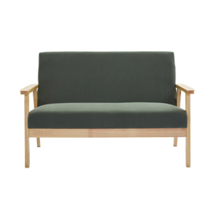 Banquette canapé 2 places en bois et tissu velours côtelé coloris vert kaki. Isak. L 114 x P 69.5 x H 73cm