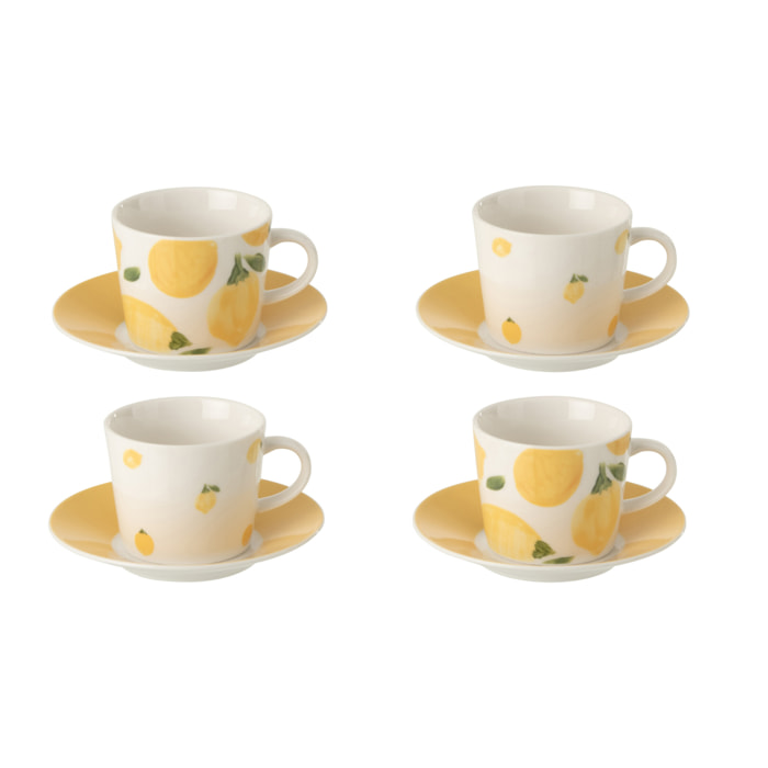 J-Line Tasse + Sous-tasse Citron - céramique - blanc/jaune - small - set de 4