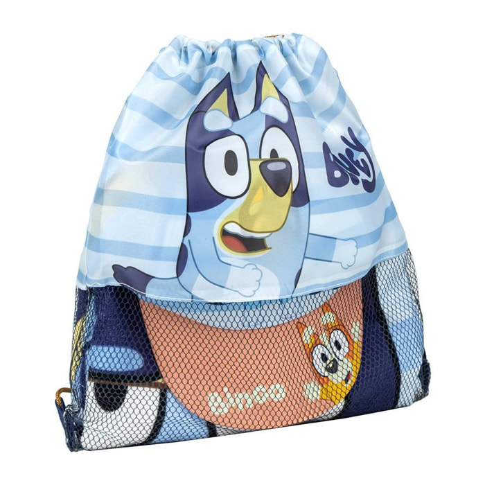 Set infantil de bluey - color azul y marrón - incluye saquito de tela, toalla y gorra - estampado de bluey y bingo