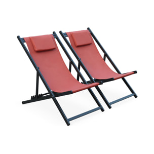 Lot de 2 bains de soleil - Gaia terra cotta - Transat en aluminium gris anthracite et textilene avec coussin repose tête. chilienne
