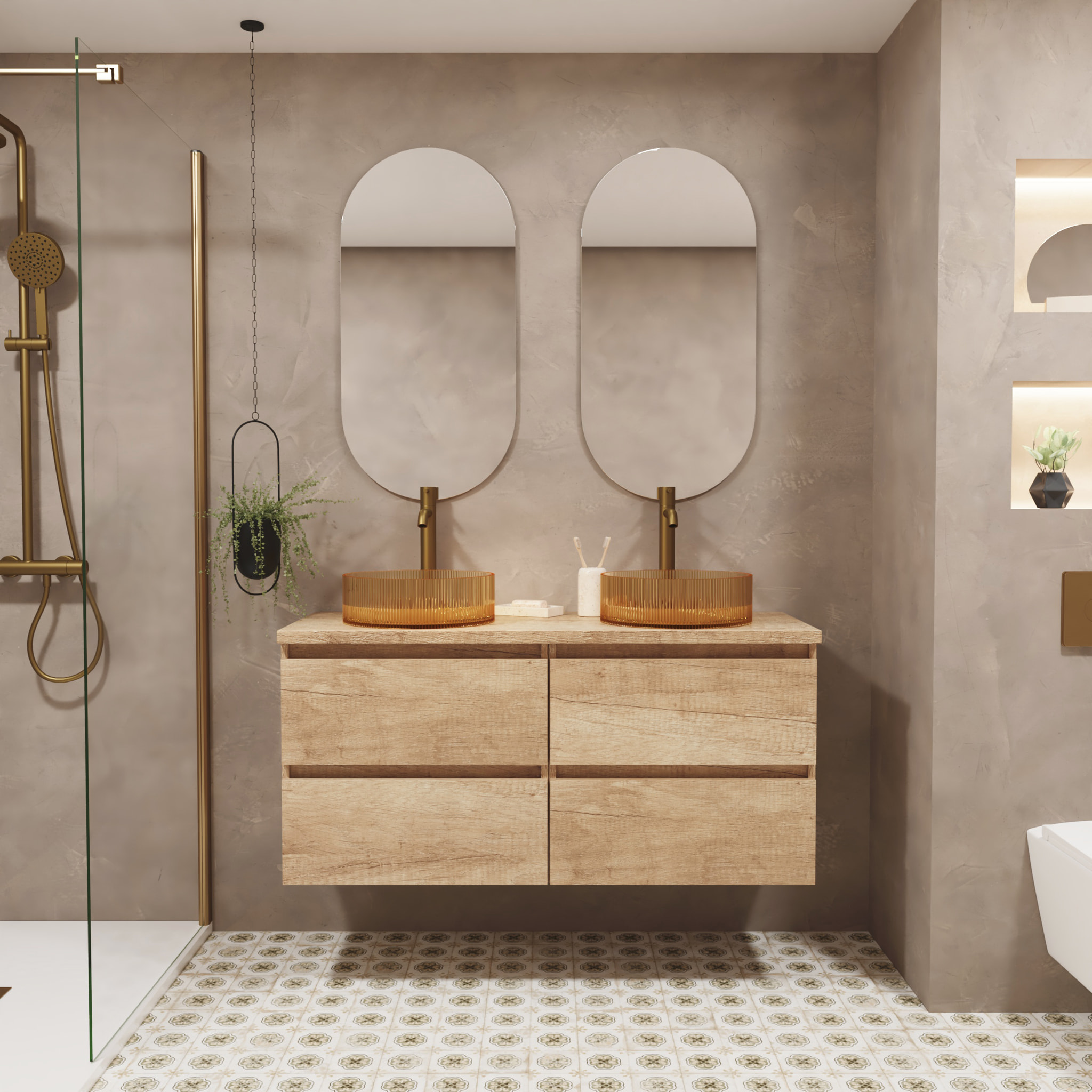 Conjunto de Baño Glass | 140 cm Nature | Cuatro Cajones | Lavabo de Vidrio Xampagne | No incluye Espejo | Mueble Montado | Alday