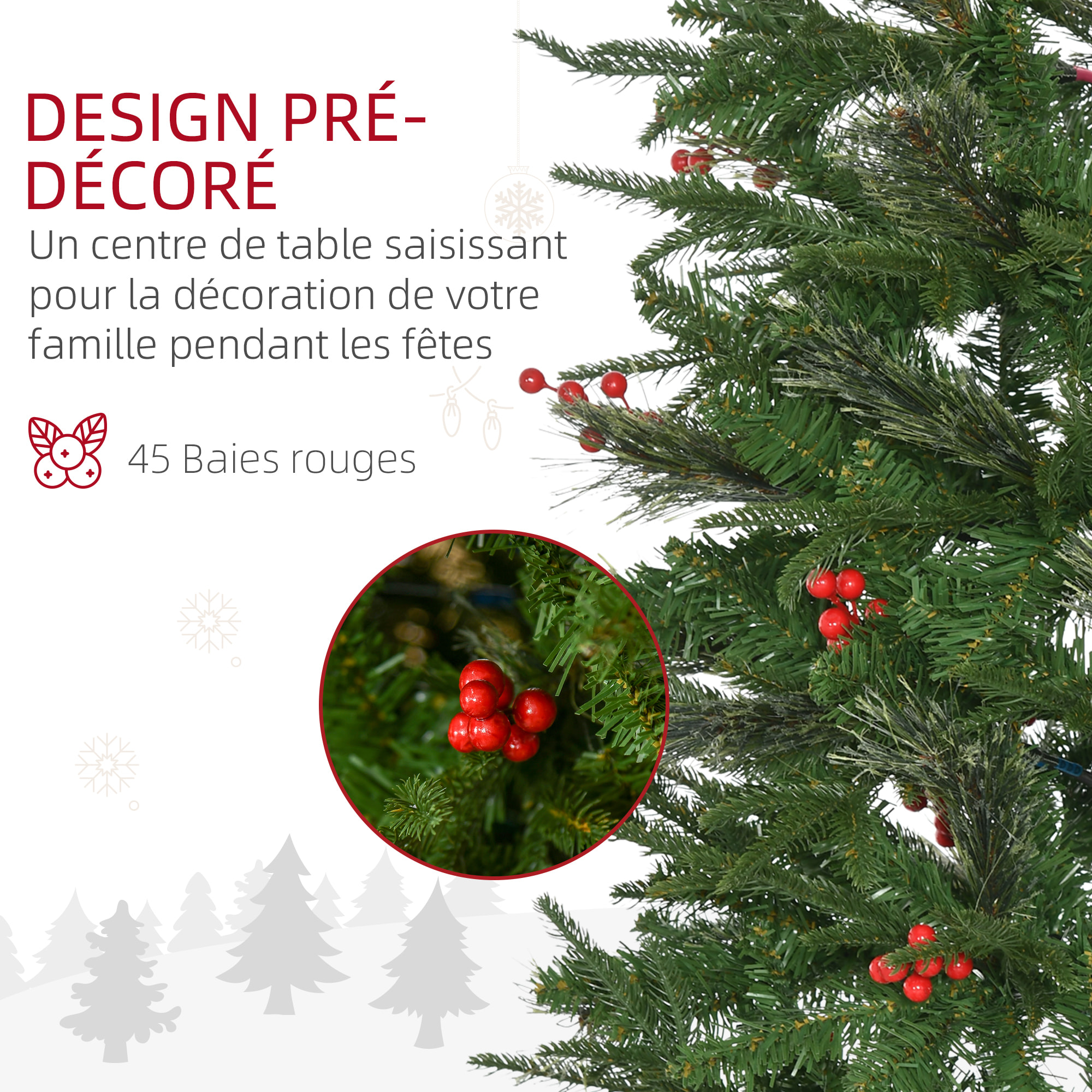 Sapin de Noël artificiel décoré Ø 78 x 210H cm 746 branches épines grand réalisme 45 baies rouges