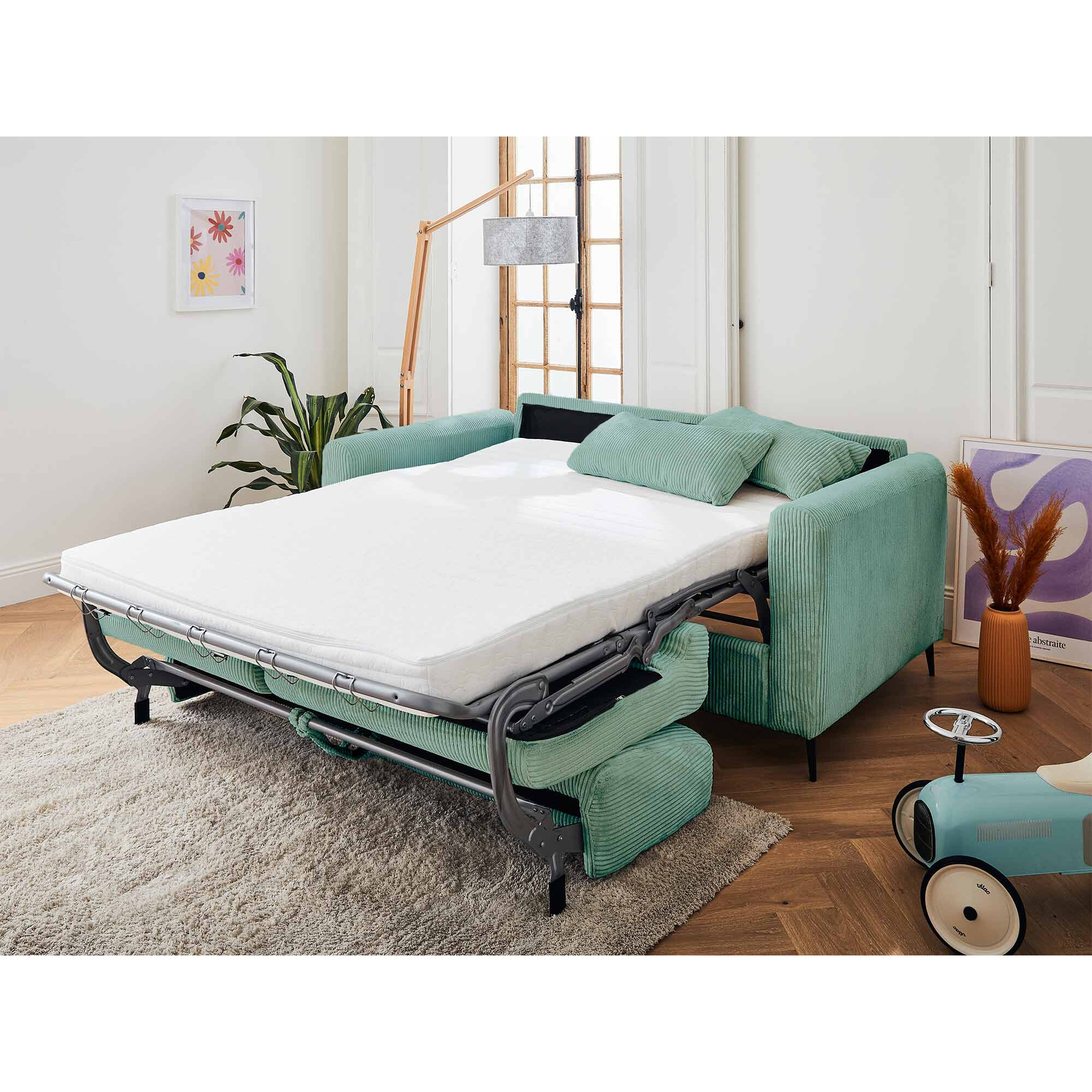 Owen - canapé lit 3 places convertible express couchage quotidien 140 cm matelas 12 cm en velours côtelé - Bleu