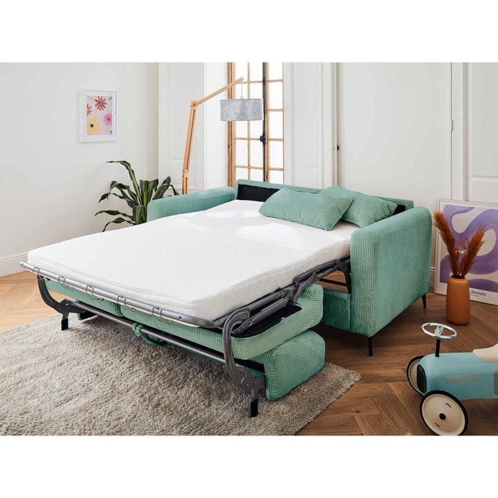 Owen - canapé lit 3 places convertible express couchage quotidien 140 cm matelas 12 cm en velours côtelé - Bleu