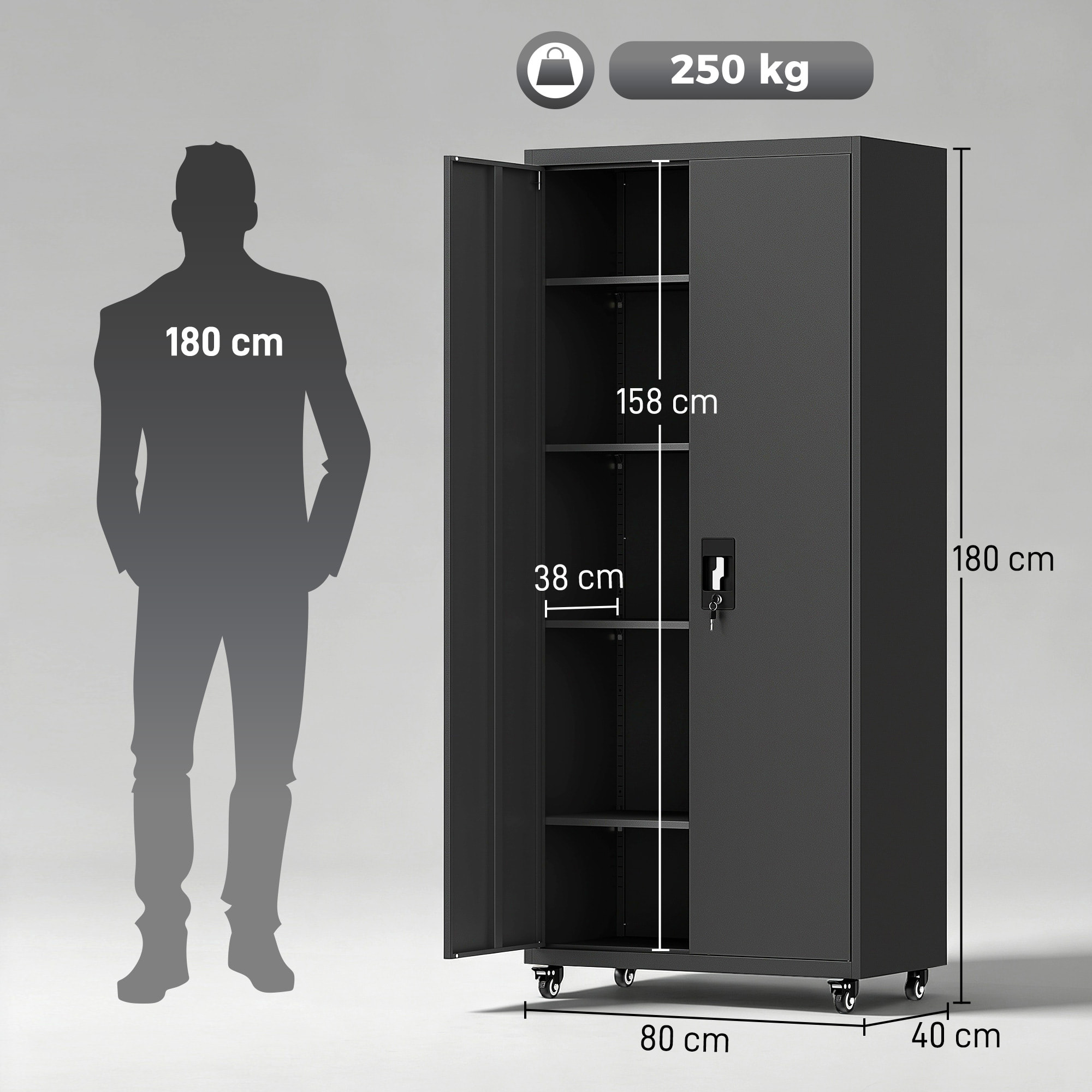 Armario de Herramientas de Acero con Ruedas con Freno, 180 cm, Carro de Herramientas con Cerradura y 4 Estantes Ajustables, Carga 250 kg, Carro de Taller para Garaje, Hogar, Oficina, Negro
