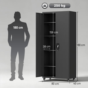 Armario de Herramientas de Acero con Ruedas con Freno, 180 cm, Carro de Herramientas con Cerradura y 4 Estantes Ajustables, Carga 250 kg, Carro de Taller para Garaje, Hogar, Oficina, Negro