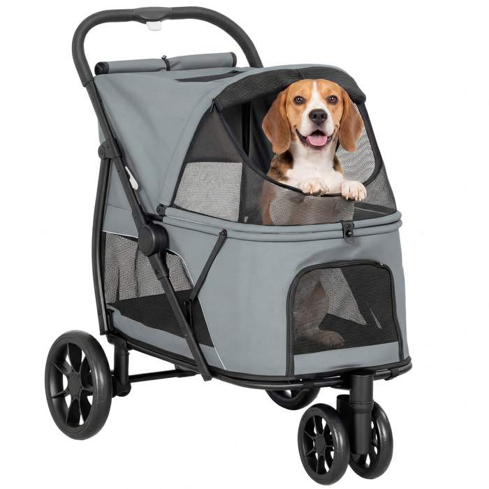 Carrito para Perros Plegable, Cochecito para Perros Medianos con 3 Ruedas, Ventanas de Malla, Cojín Lavable, Bolsilo, Correas de Seguridad, Frenos, Todo Terreno, Carga 20 kg, 92x63x95 cm, Gris