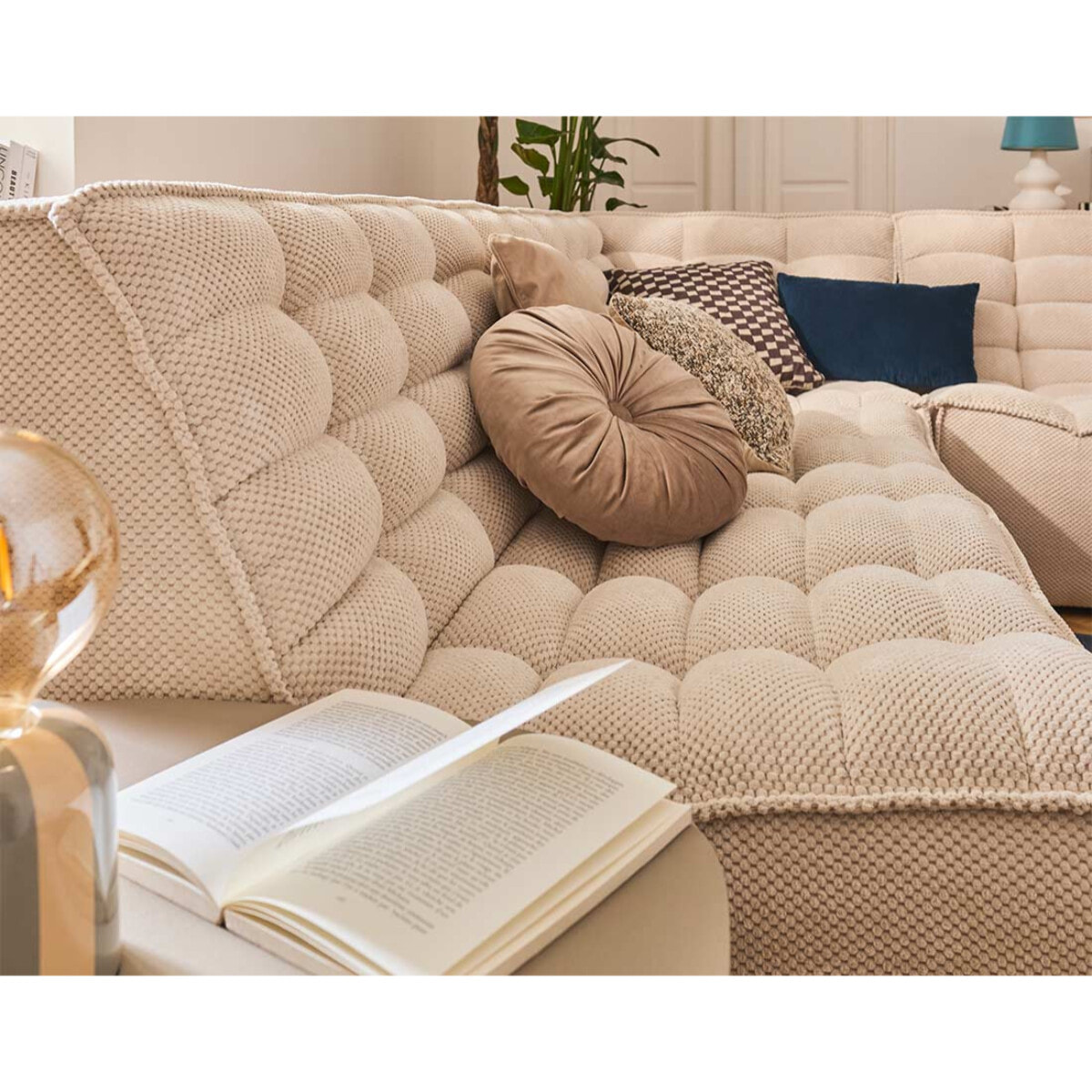 Ellie - canapé modulable d'angle réversible 4 places en velours texturé - Beige