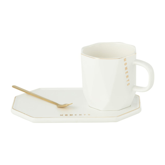 J-Line tasse + sous-tasse + cuillère Moments - céramique - blanc
