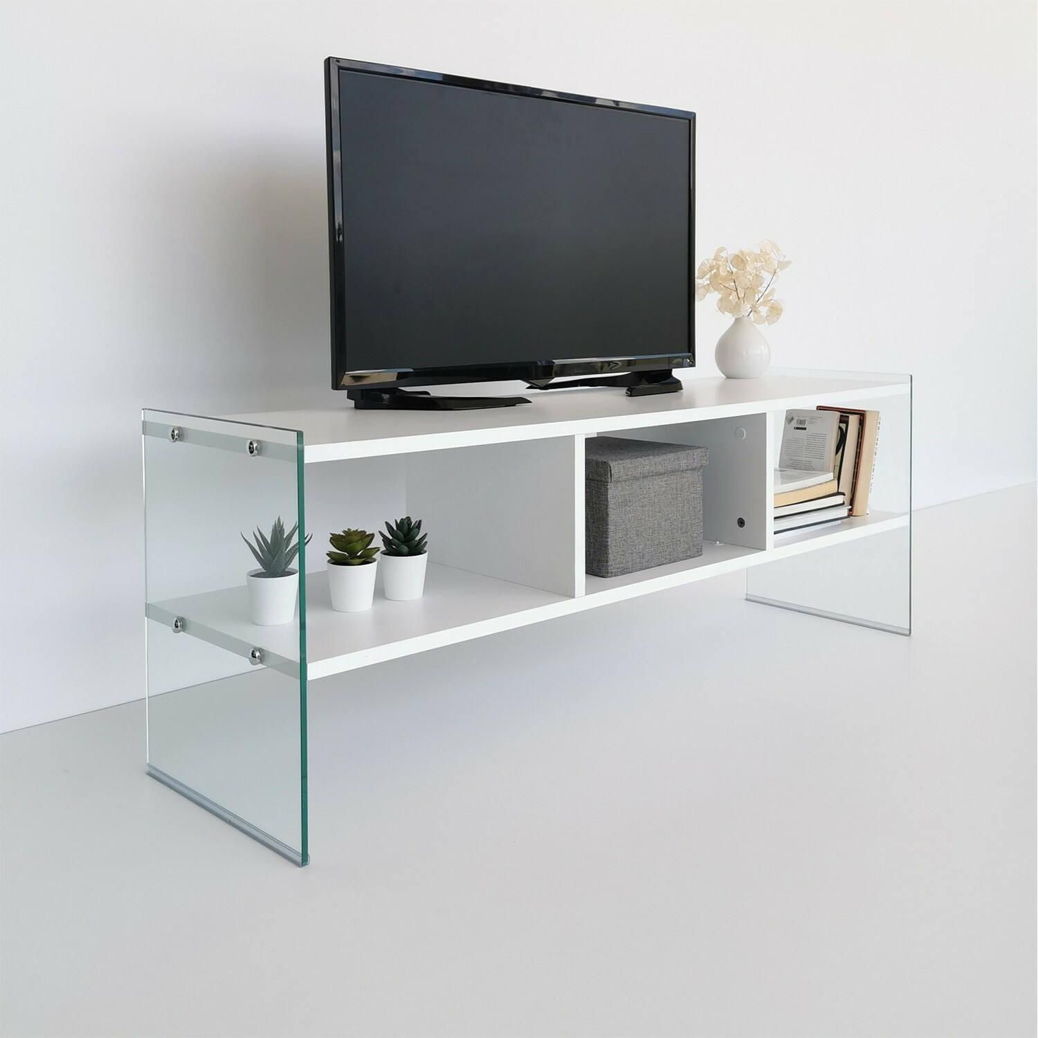 Mobile porta TV Dbennace, Credenza da soggiorno, Armadio basso per TV, Base parete attrezzata, 120x35h45 cm, Bianco