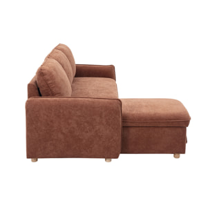 Canapé d'angle convertible réversible avec coffre 3 places en tissu chenille terre brûlée et bois clair ORSO