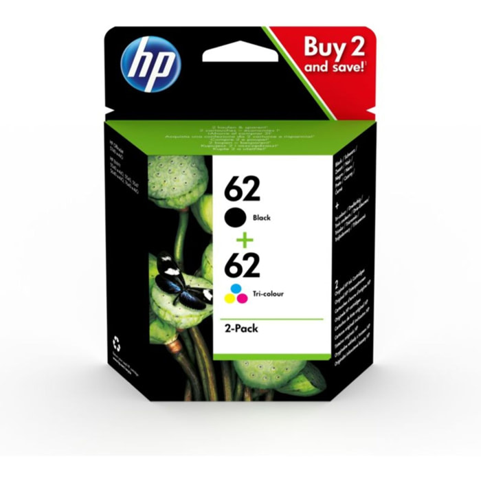 Cartouche d'encre HP Pack de 2 Originales 62 (Noir + 3 Couleurs) - N9K15AE