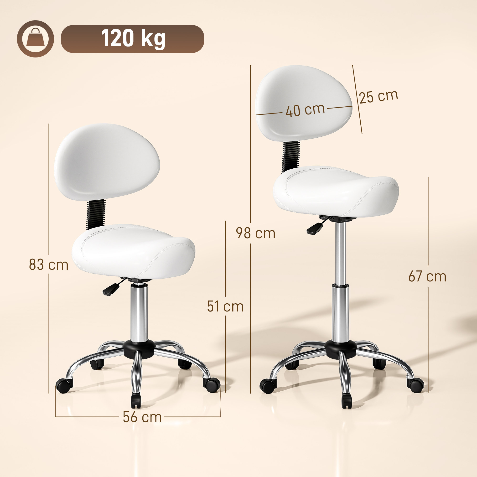 Taburete Giratorio Taburete con Ruedas y Respaldo Extraíble Taburete de Trabajo con Altura Regulable 83-98 cm Asiento Tapizado de Cuero Sintético Blanco