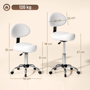 Taburete Giratorio Taburete con Ruedas y Respaldo Extraíble Taburete de Trabajo con Altura Regulable 83-98 cm Asiento Tapizado de Cuero Sintético Blanco