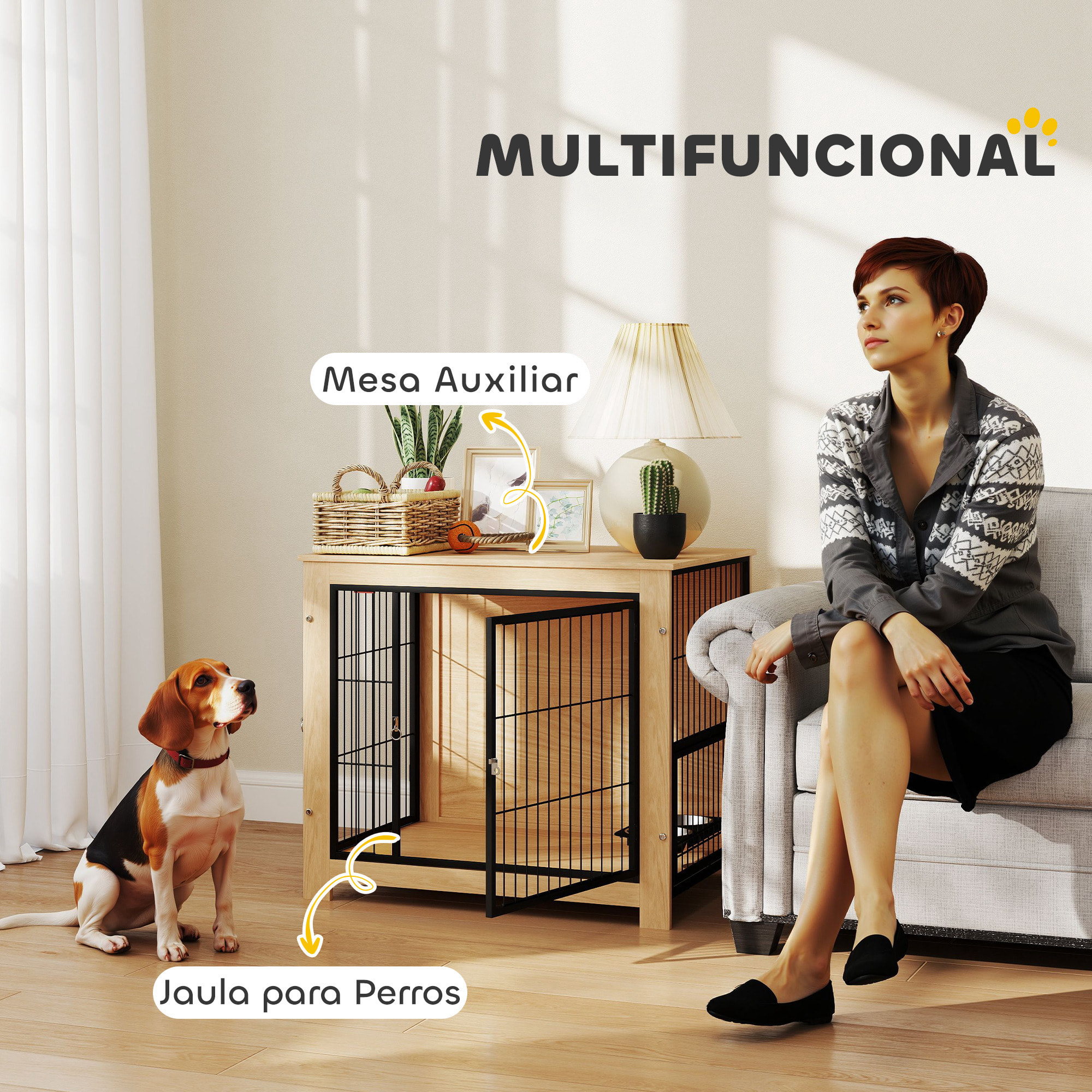 Jaula para Perros Mesa Auxiliar Moderna Casa para Mascotas con 2 Puertas Soporte Giratorio con 2 Tazones y Estructura de Acero para Perros Medianos 80x60x68 cm Roble