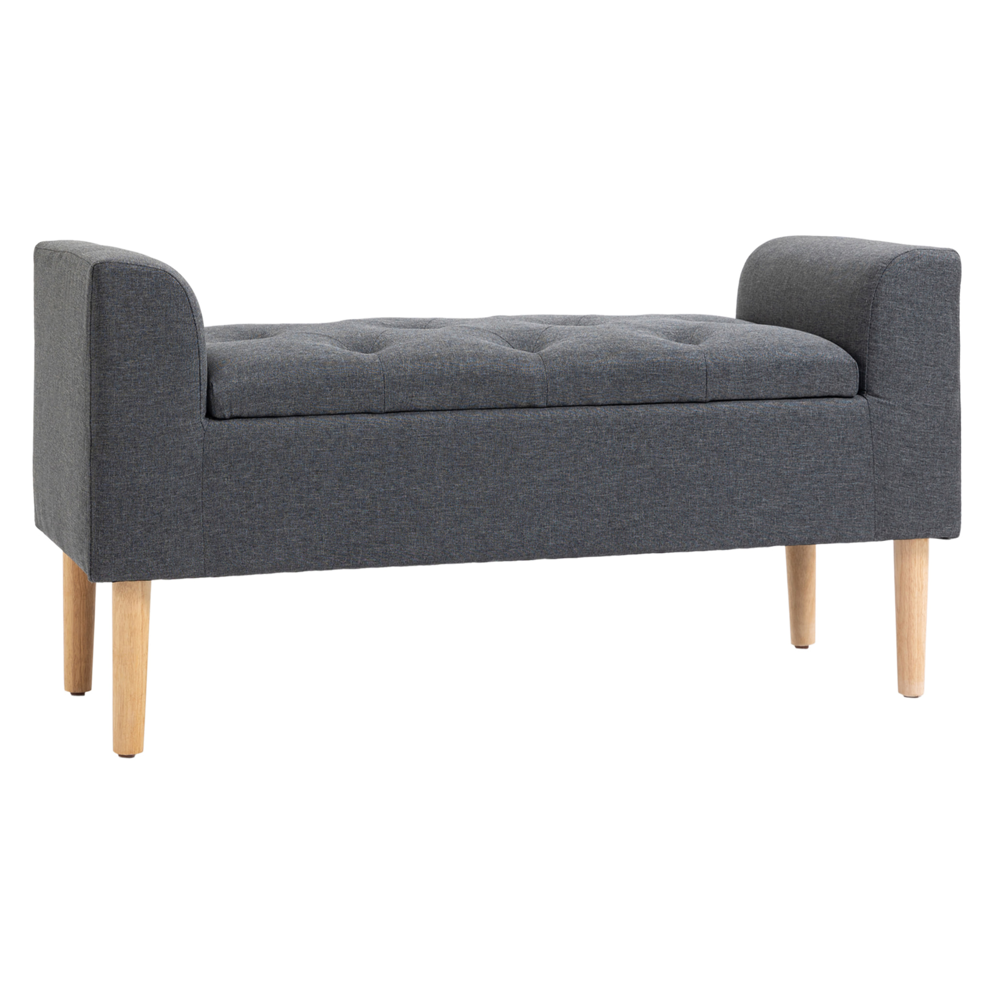 Banquette coffre de rangement 2 en 1 design Chesterfield assise capitonnée accoudoirs courbés pieds effilés bois d'hévéa aspect lin gris