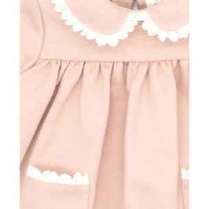 Vestido punto roma con cuello con volante rosa