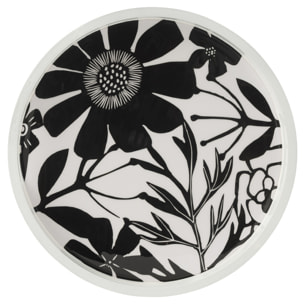 J-Line plateau Rond Avec Des Poignées Motif Floral - bois - noir/blanc