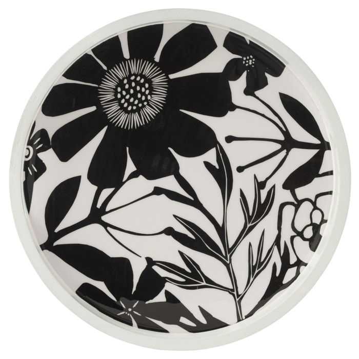 J-Line plateau Rond Avec Des Poignées Motif Floral - bois - noir/blanc