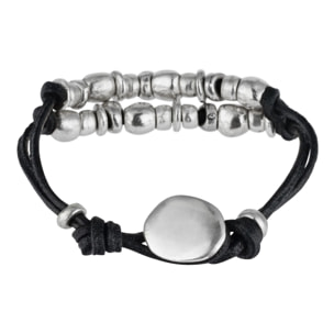 Pulsera doble cuero negro plata chapado