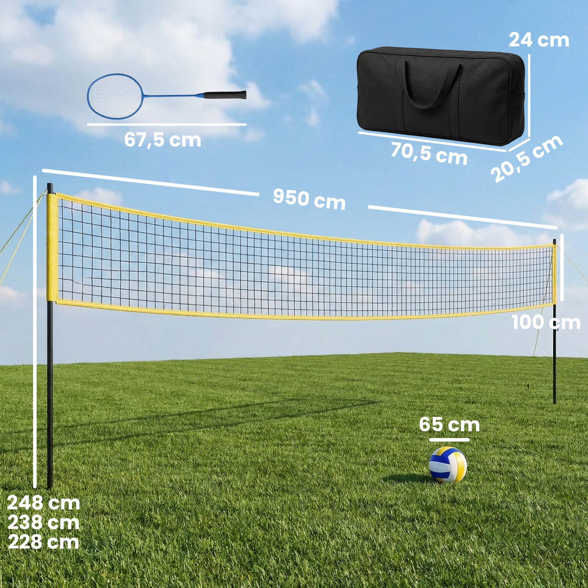 Ensemble volley-ball badminton hauteur filet réglable ballon 4 raquettes 4 volants lignes sac