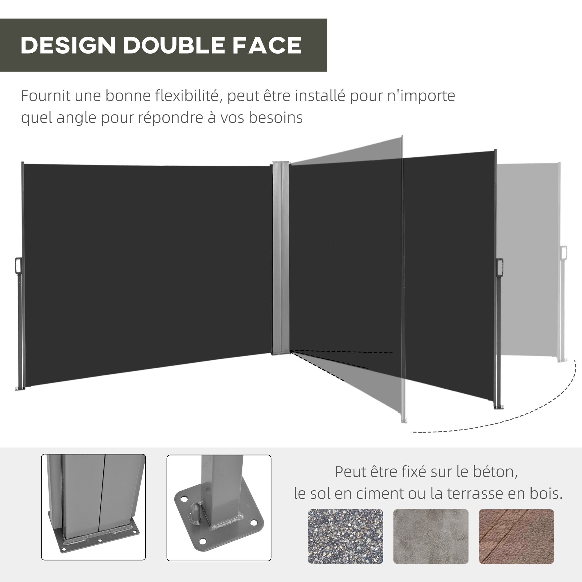 Double store latéral brise-vue paravent rétractable dim. 6L x 1,60H m polyester anti-UV haute densité noir