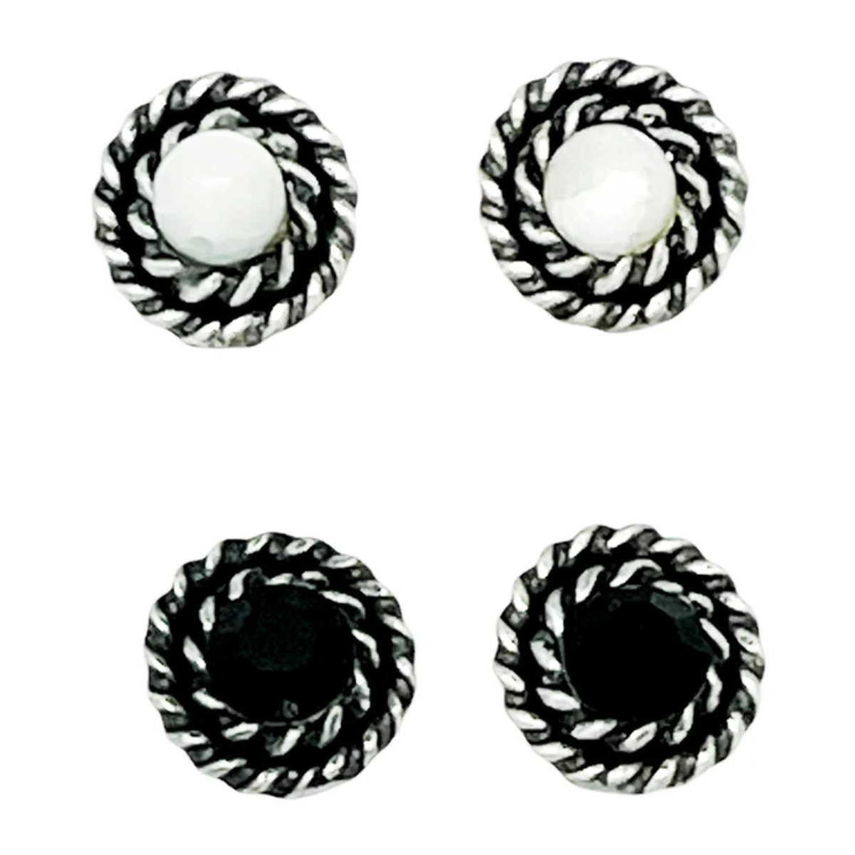 Pack de pendientes redondo filiigrana piedra nacar y SW negro plata 10µ